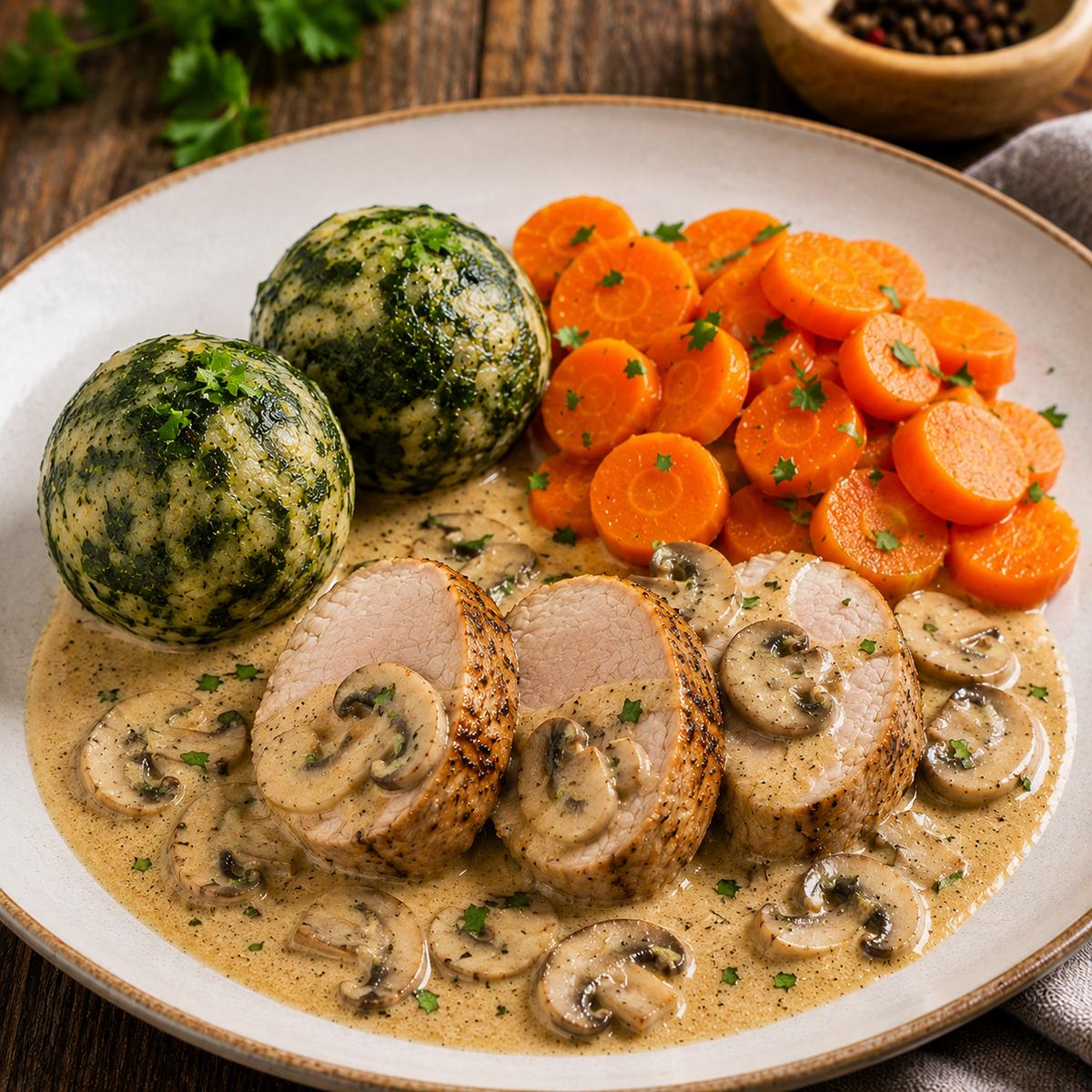Schweinefilet in Pilzrahmsoße, Spinatknödel und Möhrengemüse 1360g