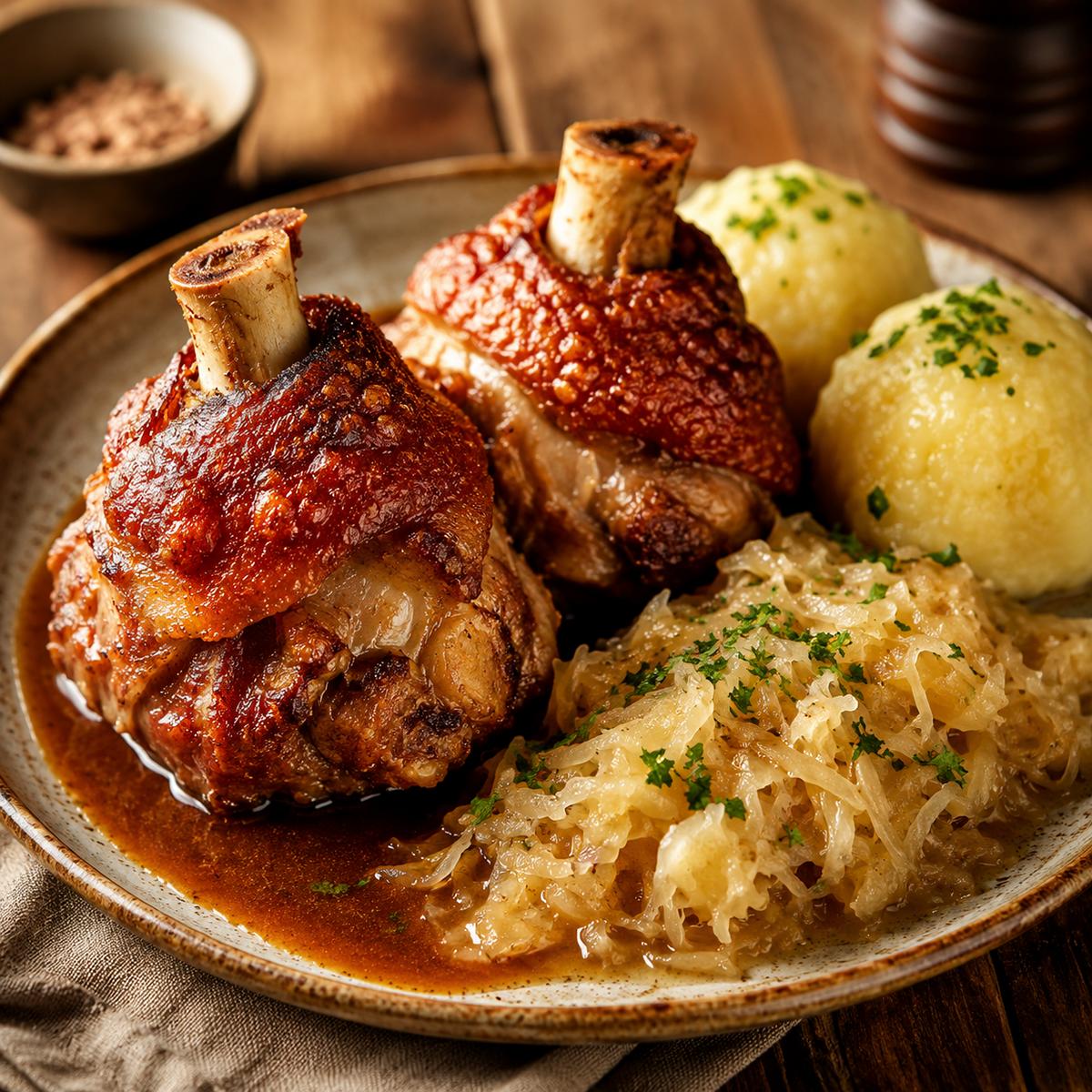 Minihaxen 2er mit Soße, Sauerkraut und Knödel 1560g