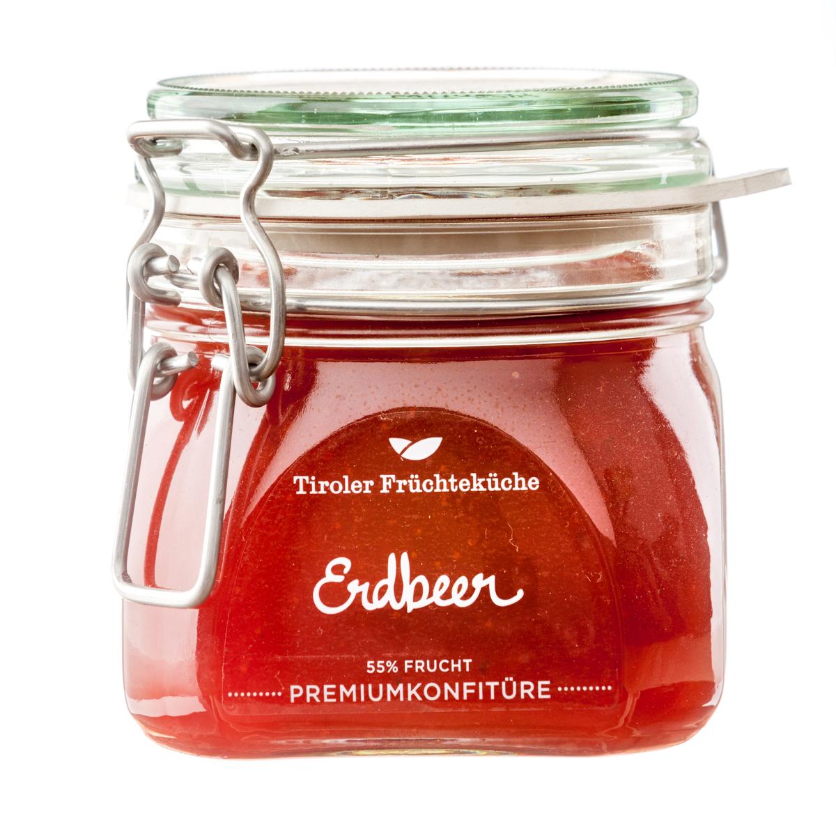 Erdbeerkonfitüre mit 55% Fruchtanteil im 550g Rexglas